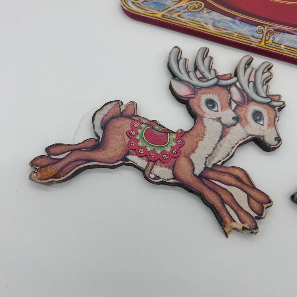 VTG Beistle Santa Sleigh & Reindeer Christmas Die Cut Decoration ON‎ WOOD